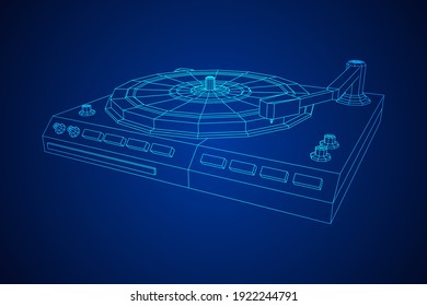 Vinyl turntable audio device. Wireframe low poly mesh vector illustration.