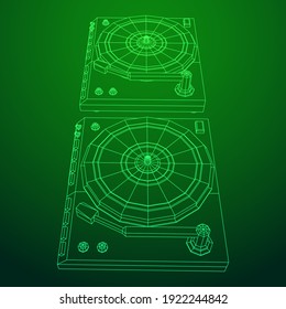 Vinyl turntable audio device. Wireframe low poly mesh vector illustration.