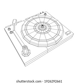 Vinyl turntable audio device. Wireframe low poly mesh vector illustration.