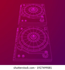 Vinyl turntable audio device. Wireframe low poly mesh vector illustration.