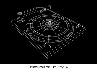 Vinyl turntable audio device. Wireframe low poly mesh vector illustration.