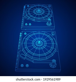 Vinyl turntable audio device. Wireframe low poly mesh vector illustration.