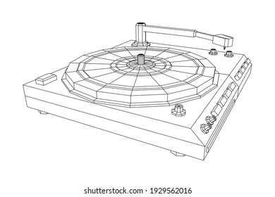 Vinyl turntable audio device. Wireframe low poly mesh vector illustration.