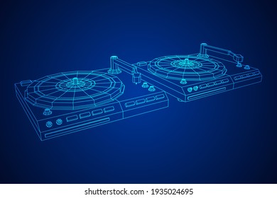 Vinyl turntable audio device. Wireframe low poly mesh vector illustration.