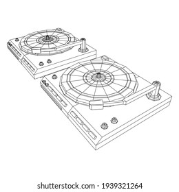 Vinyl turntable audio device. Wireframe low poly mesh vector illustration.