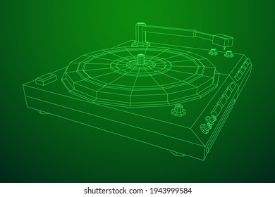 Vinyl turntable audio device. Wireframe low poly mesh vector illustration.