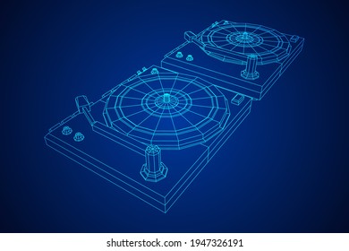 Vinyl turntable audio device. Wireframe low poly mesh vector illustration.
