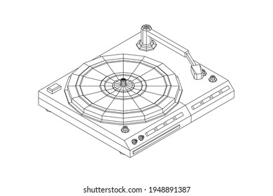 Vinyl turntable audio device. Wireframe low poly mesh vector illustration.