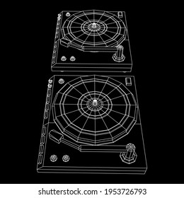 Vinyl turntable audio device. Wireframe low poly mesh vector illustration.