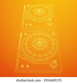 Vinyl turntable audio device. Wireframe low poly mesh vector illustration.