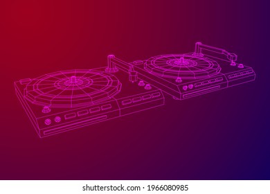 Vinyl turntable audio device. Wireframe low poly mesh vector illustration.