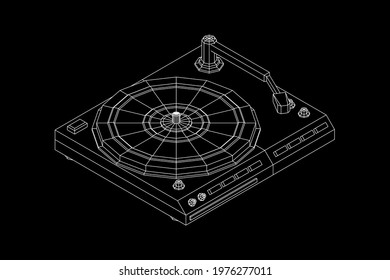 Vinyl turntable audio device. Wireframe low poly mesh vector illustration.