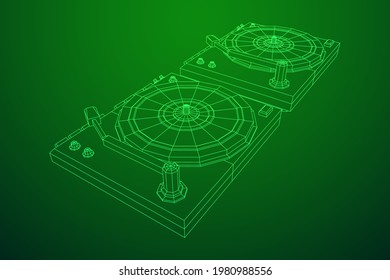Vinyl turntable audio device. Wireframe low poly mesh vector illustration.