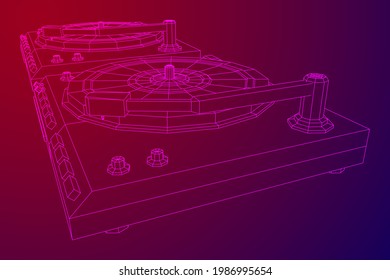 Vinyl turntable audio device. Wireframe low poly mesh vector illustration.