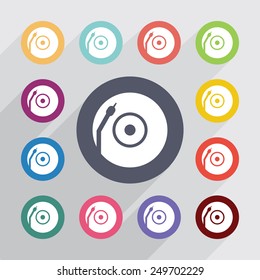 Vinyl turntable circle, flat icons set. Round colorful buttons 