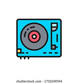 Vinyl turntable, DJ mixer flat color line icon. Isolated on white background