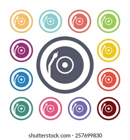 Vinyl turntable flat icons set. Open colorful buttons 