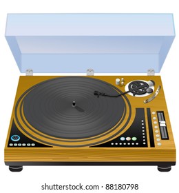 Vinyl turntable, realistic wooden case turntable on white background