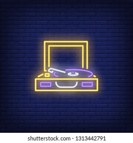 Vinyl turntable record player neon sign. Music and vintage musical equipment design. Night bright neon sign, colorful billboard, light banner. Vector illustration in neon style.