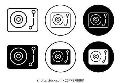 Vinyl turntable symbol icon set. Vinyl disc record player vector logo. Classic music track record player line sign.