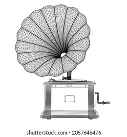 Vinyl turntable wireframe from black lines isolated on white background. 3D. Vector illustration