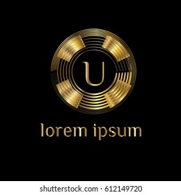 Vinyl vector logo. Golden luxury monogram letter U