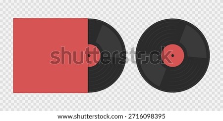 Vinyl vintage record red black in packaging, Gramophone LP record with long sound reproduction. CD disk of an old vintage player, Music hits 70s 80s 90s DJ party.