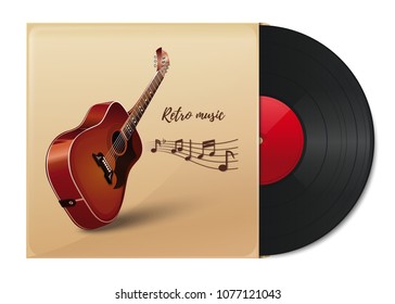 Vinylic disk in a paper envelope with the image of an acoustic guitar. Vinyl record in vintage paper cover. Retro music. Vector illustration