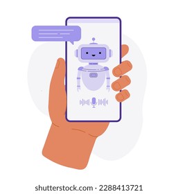 Asistente virtual de vídeo. Concepto de inteligencia artificial. Chatbot ai y servicio al cliente en la aplicación para smartphone. Ilustración vectorial plana