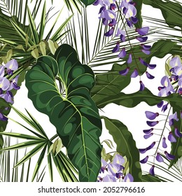 Vioet wisteria flowers. Seamless floral pattern with violet glossy flowers and anthurium and palm leaves. Tropical pattern on a white background. 