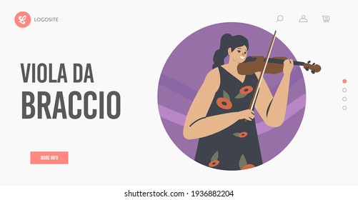 Viola da Braccio Landing Page Template. Musiker weibliche Charakter spielen Violine Streichinstrumente Perform auf Stage oder Training, Performance auf Philharmonie Szene, Konzert. Cartoon-Vektorgrafik