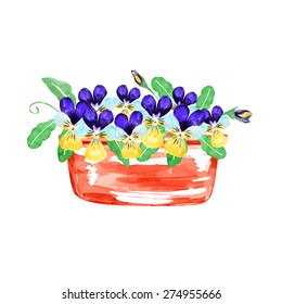 Viola in a flower pot. Watercolor vector illustration. Isolated design elements.