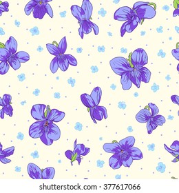 Viola flowers seamless pattern. Floral design viola, forget-me-flower flowers.Textile, postcard design, isolated on yellow background.