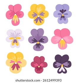 Viola flowers set. Cute cartoon illustrations of violet  flowers in flat style. Vector design elements.
