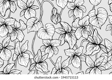 Viola odorata seamless pattern, vector, monochrome