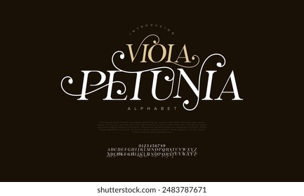Viola premium luxury elegant alphabet letters and numbers. Vintage wedding typography classic serif font decorative vintage retro. creative vector illustration