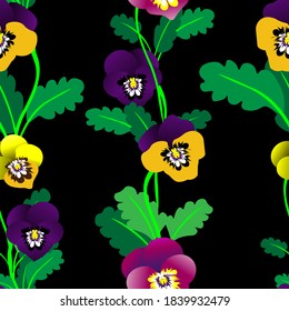 Viola- vector seamless pattern, black background, green leaf, lilac flowers.