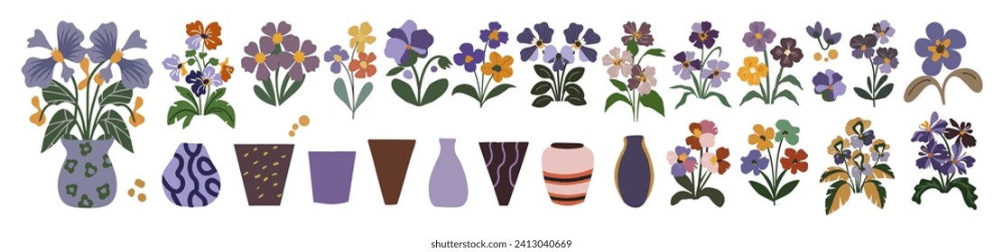 Viola violet and pansy flowers and vases set.