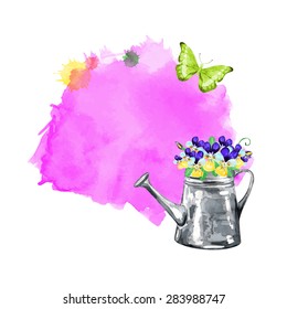 Viola in a watering can. Watercolor vector illustration. Isolated design elements. Banner.