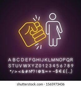 Violance against transwoman neon light icon. Transgender inequality. Harrassing trans girl. Intersex, transsexual. Glowing sign with alphabet, numbers and symbols. Vector isolated illustration