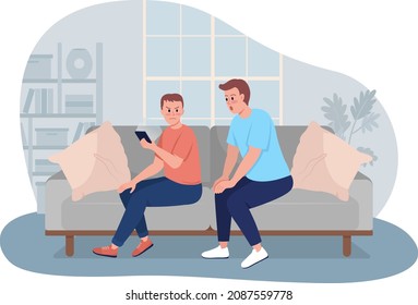 Violating child privacy 2D vector isolated illustration. Curious father and annoyed son with phone flat characters on cartoon background. Excessive parental involvement colourful scene