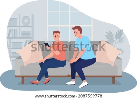 Violating child privacy 2D vector isolated illustration. Curious father and annoyed son with phone flat characters on cartoon background. Excessive parental involvement colourful scene