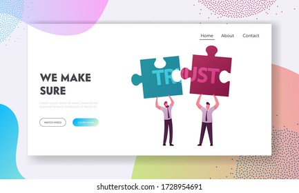 Violation of Agreements and Promises Lose Credibility Landing Page Template. Men Characters Share Puzzle with Word Trust. Failed to Maintain Professional Reputation. Cartoon People Vector Illustration