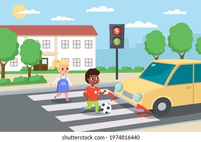 Violation road rules. Kids abruptly cross path, dangerous scene, playing ball roadway, sudden braking car, traffic problem. Warning light red signal, educational scene vector concept