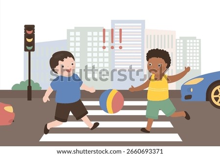 Violation road rules. Kids abruptly cross path, dangerous scene, playing ball roadway, sudden braking car. Warning, red signal, educational scene. Traffic safety rule. flat vector illustration