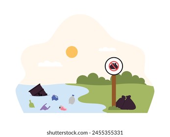 Violation of throwing rubbish near the river, pollution vector illustration.