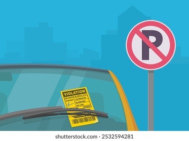 Violation ticket affixed to the windshield of a vehicle parked in a prohibited parking area (usa,flat design)