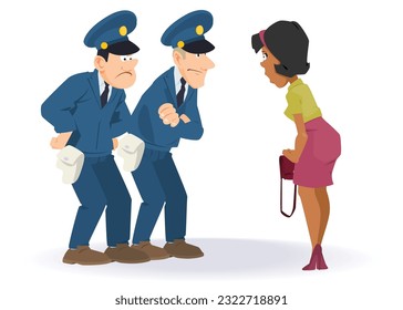 Violation of traffic rules. Cop and intruder. Policemans and girl. Funny people. Illustration concept template for website, web landing page, banner, presentation, social, poster or print media.