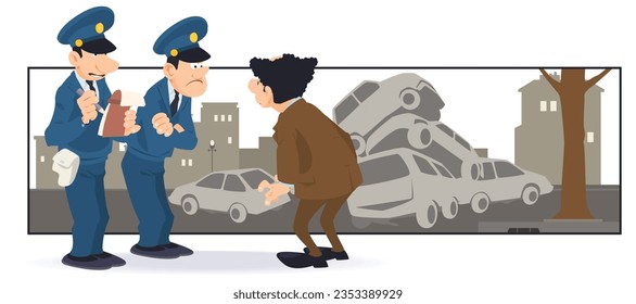 Violation of traffic rules. Cop and intruder. Policeman and male. Funny people. Illustration concept template for website, web landing page, banner, presentation, poster, promotion or print media.