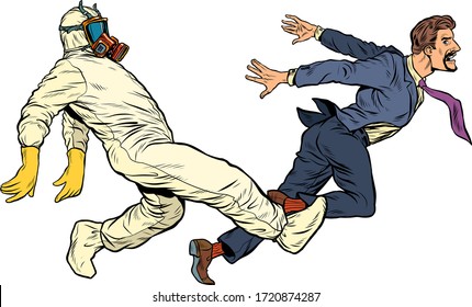 violator of isolation mode, doctors catch the patient. doctors in protective suits pandemic. Pop art retro vector illustration kitsch vintage 50s 60s style
